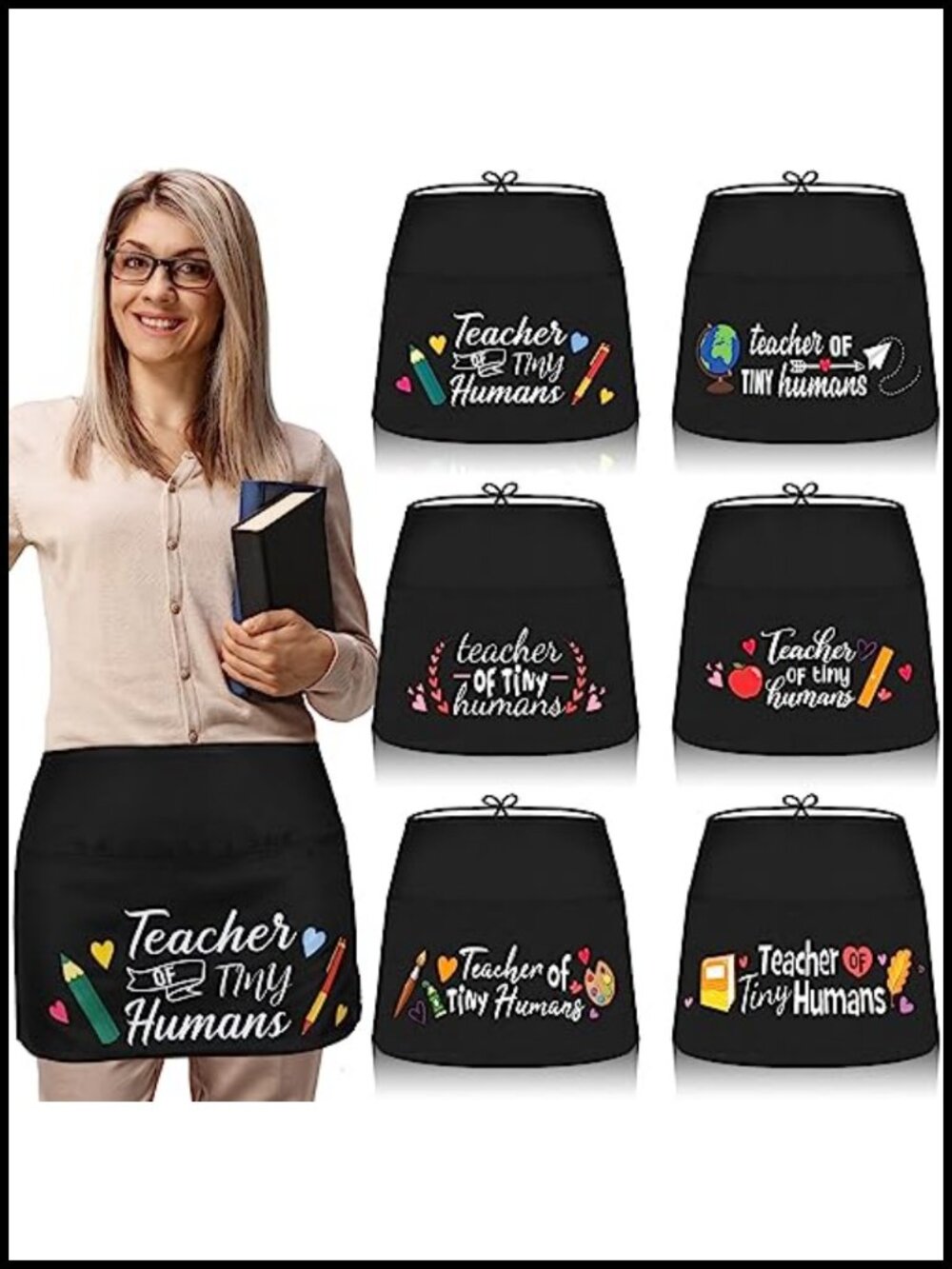 Polyester Cotton Waist Apron 6 Pc Set with 3 Pockets Teacher Gift
